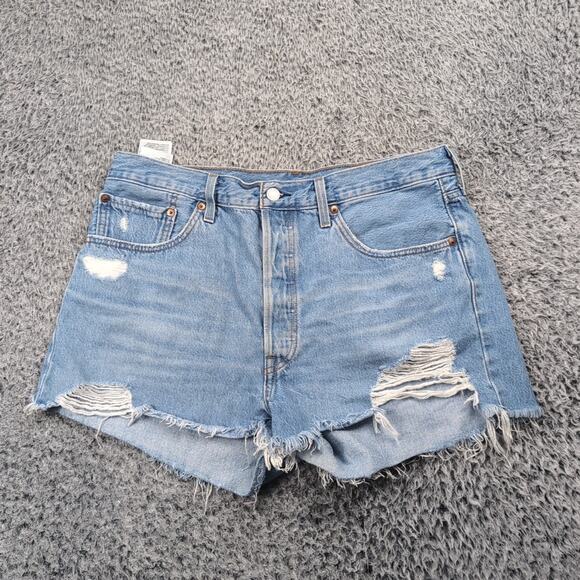 Levi's 501 Shorts Women 32 Blue Normcore Distressed Bikercore Raw Hem Med Wash - Picture 2 of 9